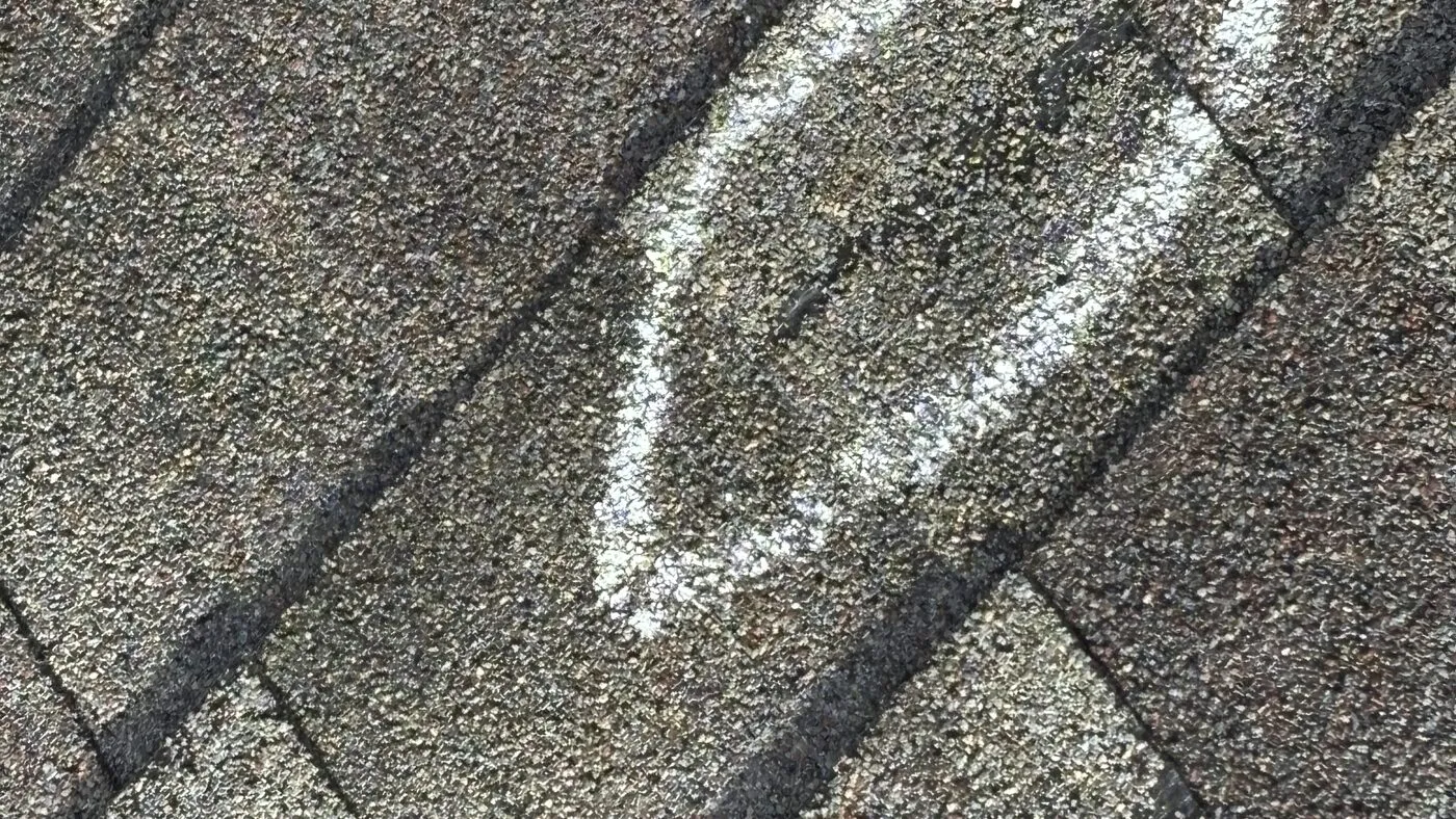Storm-damaged roof shingles marked by an adjuster