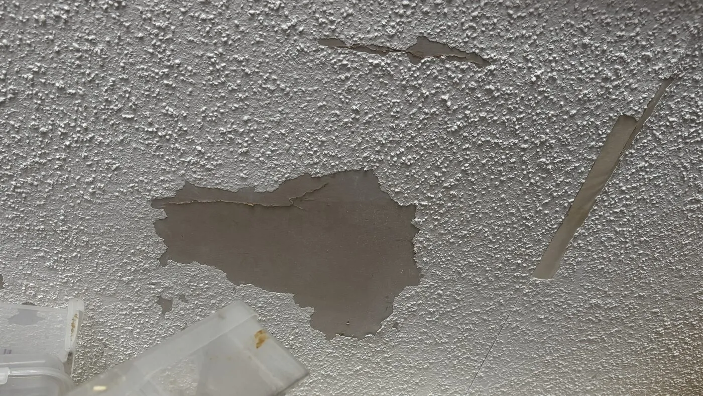 Water-damaged peeling ceiling paint and stain