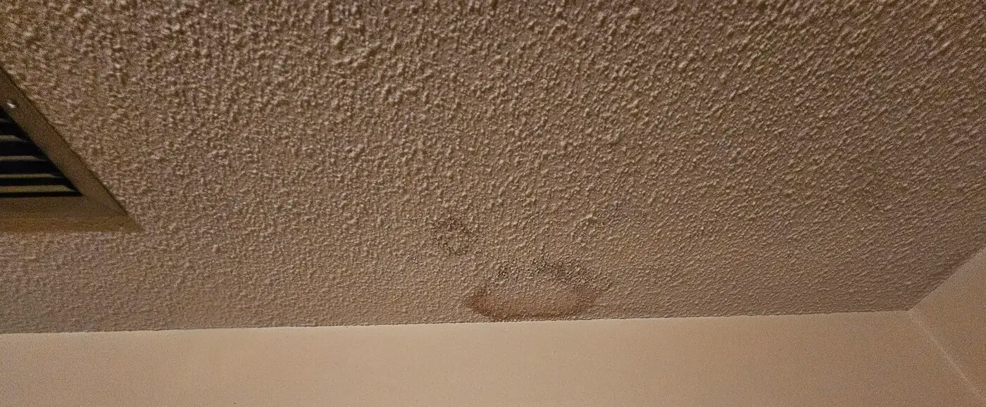 Water stain spreading across a textured ceiling after a leak